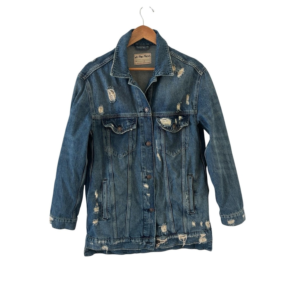 Free People We the Free Long & Lean Distressed Denim Jacket XS Oversized Trucker - Picture 1 of 14